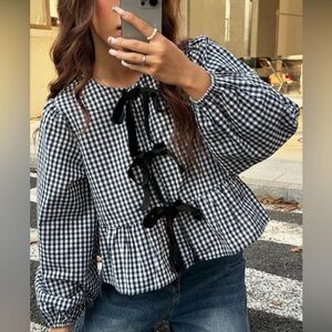 SHEIN Black and White Gingham Blouse with Ribbon Detail